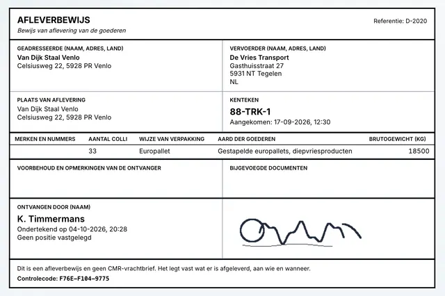 A proof of delivery with the recipient's name and signature and a verification code
