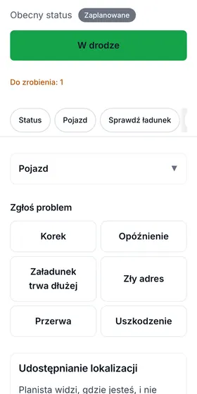 The driver's trip screen in Polish: the current status, one large button for the next step, and buttons to report a problem