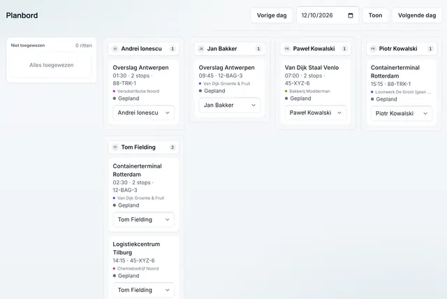 The planning board: one column per driver, with their trips for that day