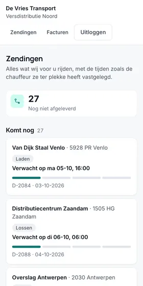 The customer portal on a phone: the shipments still to come, each with a progress bar
