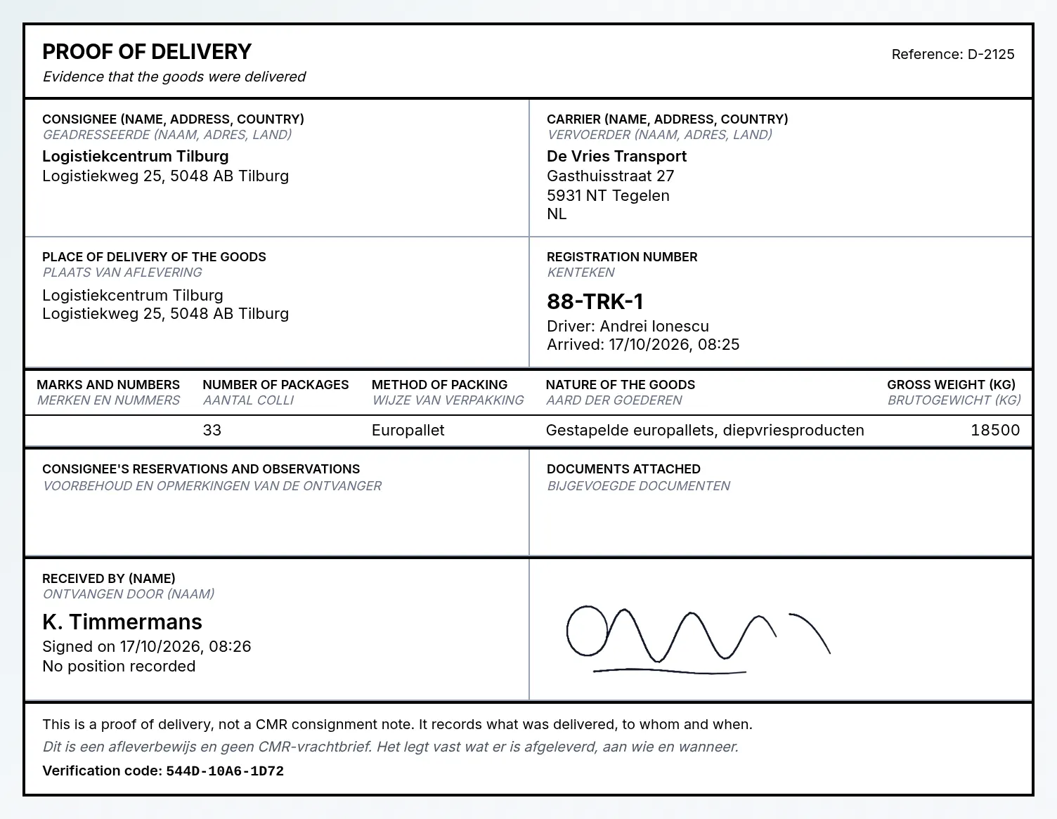 A proof of delivery signed by K. Timmermans, with a control code.