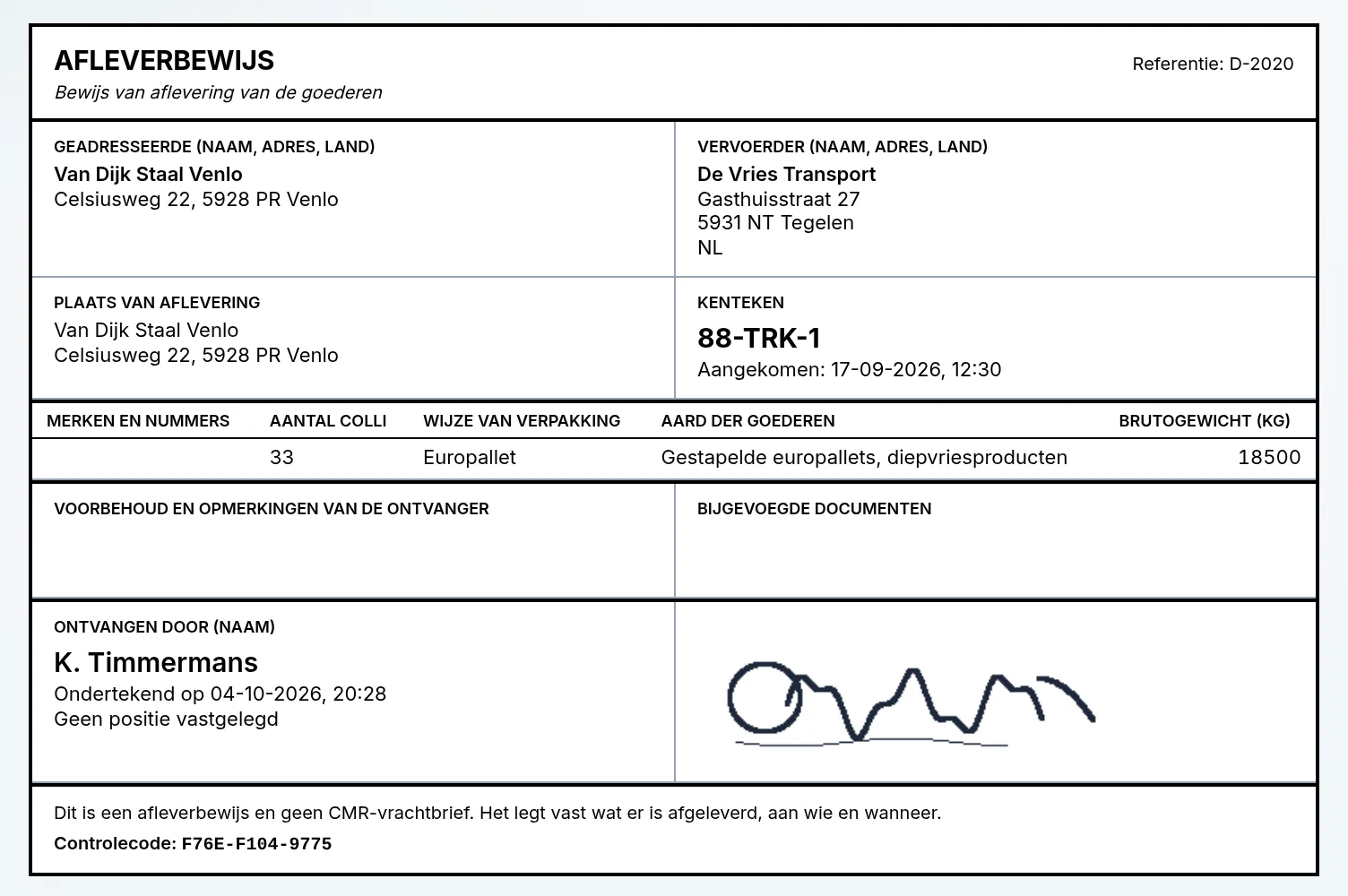 Een bewijs van levering, getekend door K. Timmermans, met een controlecode.