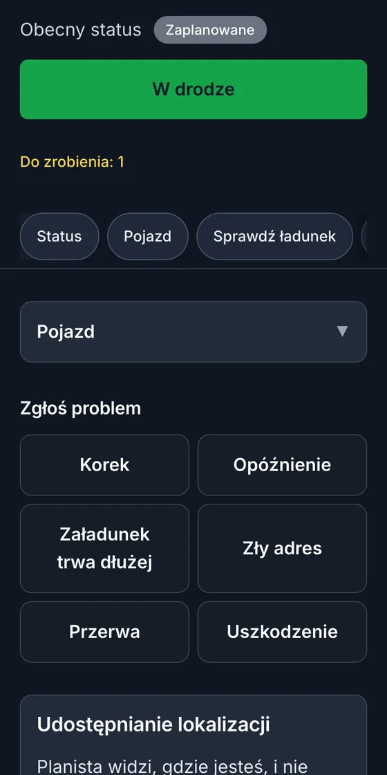 The driver app on a phone, set to Polish: the current status, the big On the road button and the buttons to report a problem.