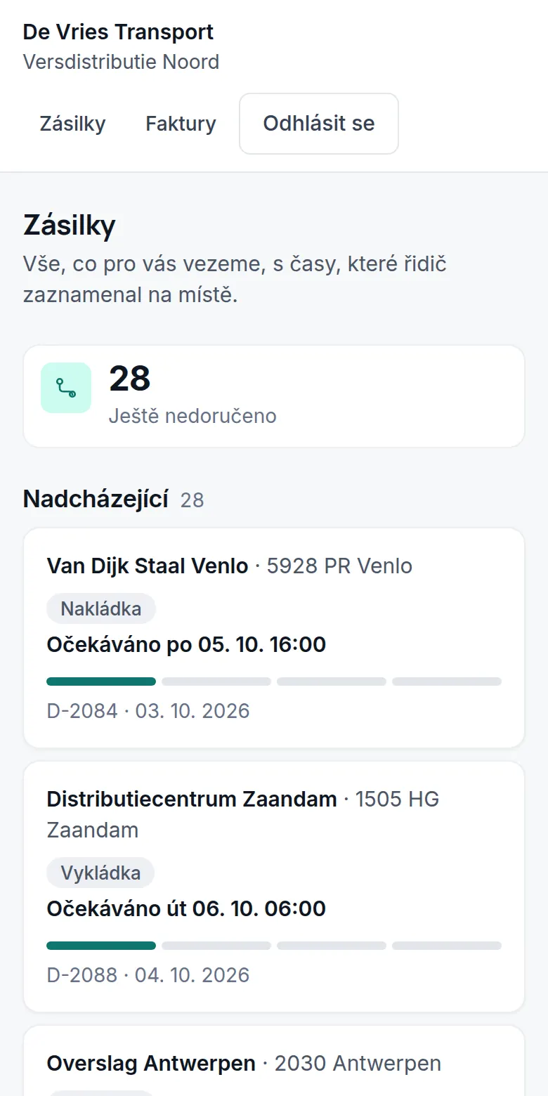 Zákaznický portál: 28 zásilek, které se ještě mají doručit, s očekávaným časem.
