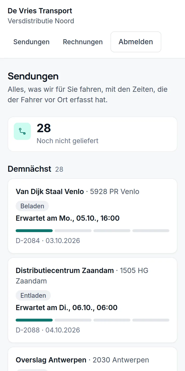 Das Kundenportal: 28 Sendungen, die noch zuzustellen sind, mit der erwarteten Zeit.