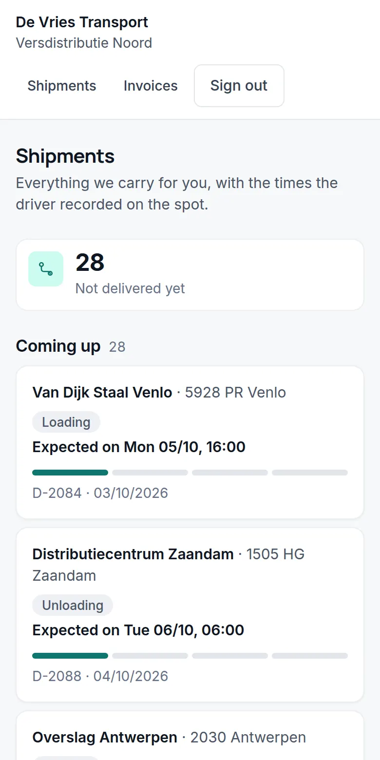 The customer portal: 28 shipments still to deliver, with the expected time.