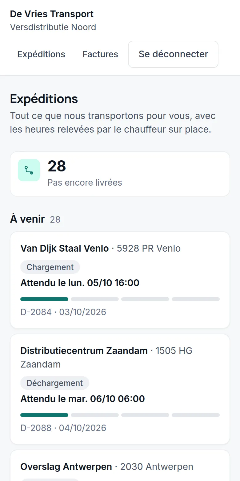 Le portail client : 28 envois encore à livrer, avec l'heure prévue.