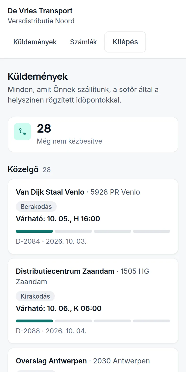 Az ügyfélportál: 28 még kézbesítendő szállítmány, a várható idővel.