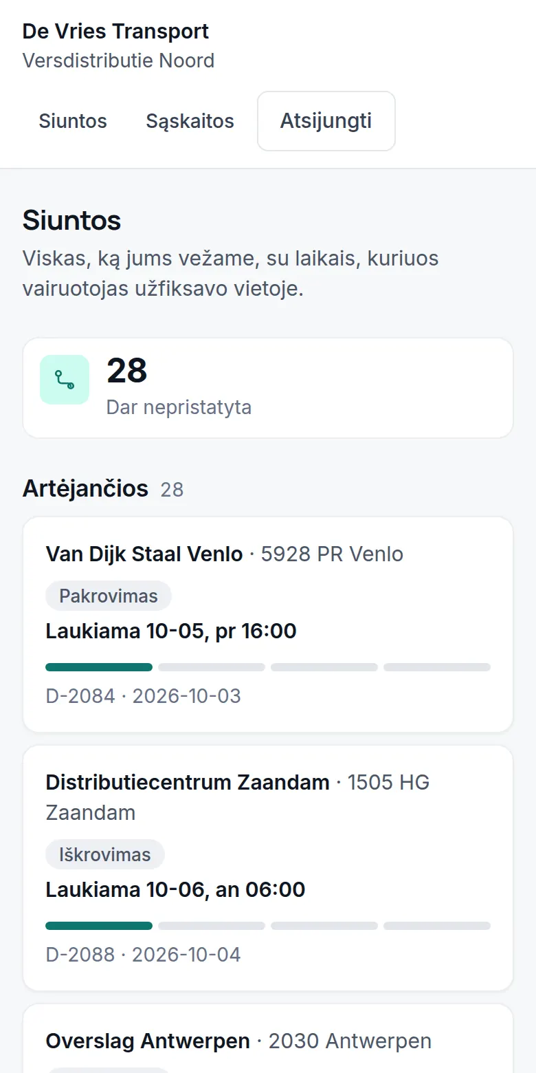 Kliento portalas: 28 siuntos, kurias dar reikia pristatyti, su numatomu laiku.