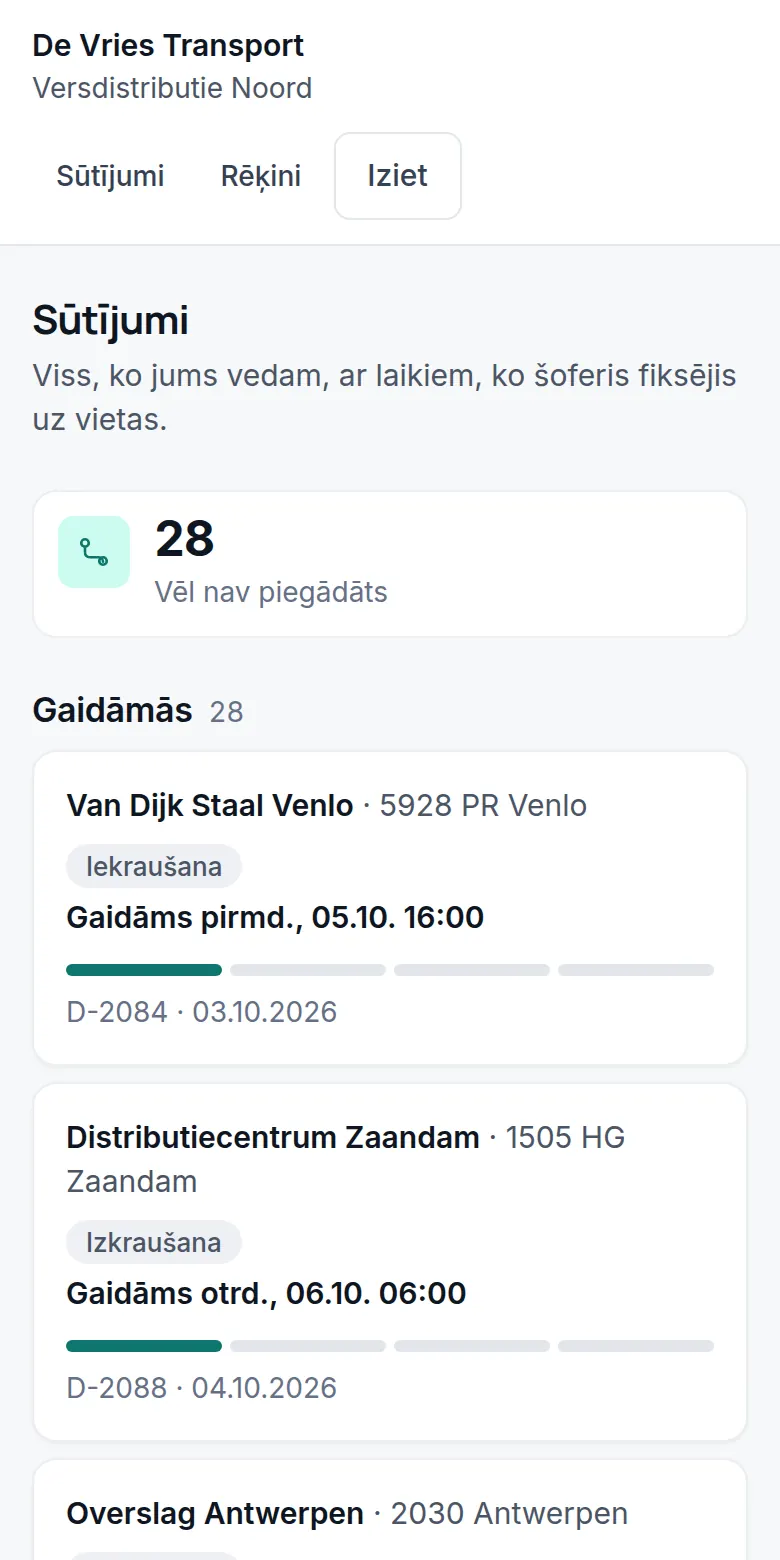 Klienta portāls: 28 sūtījumi, kas vēl jāpiegādā, ar paredzamo laiku.