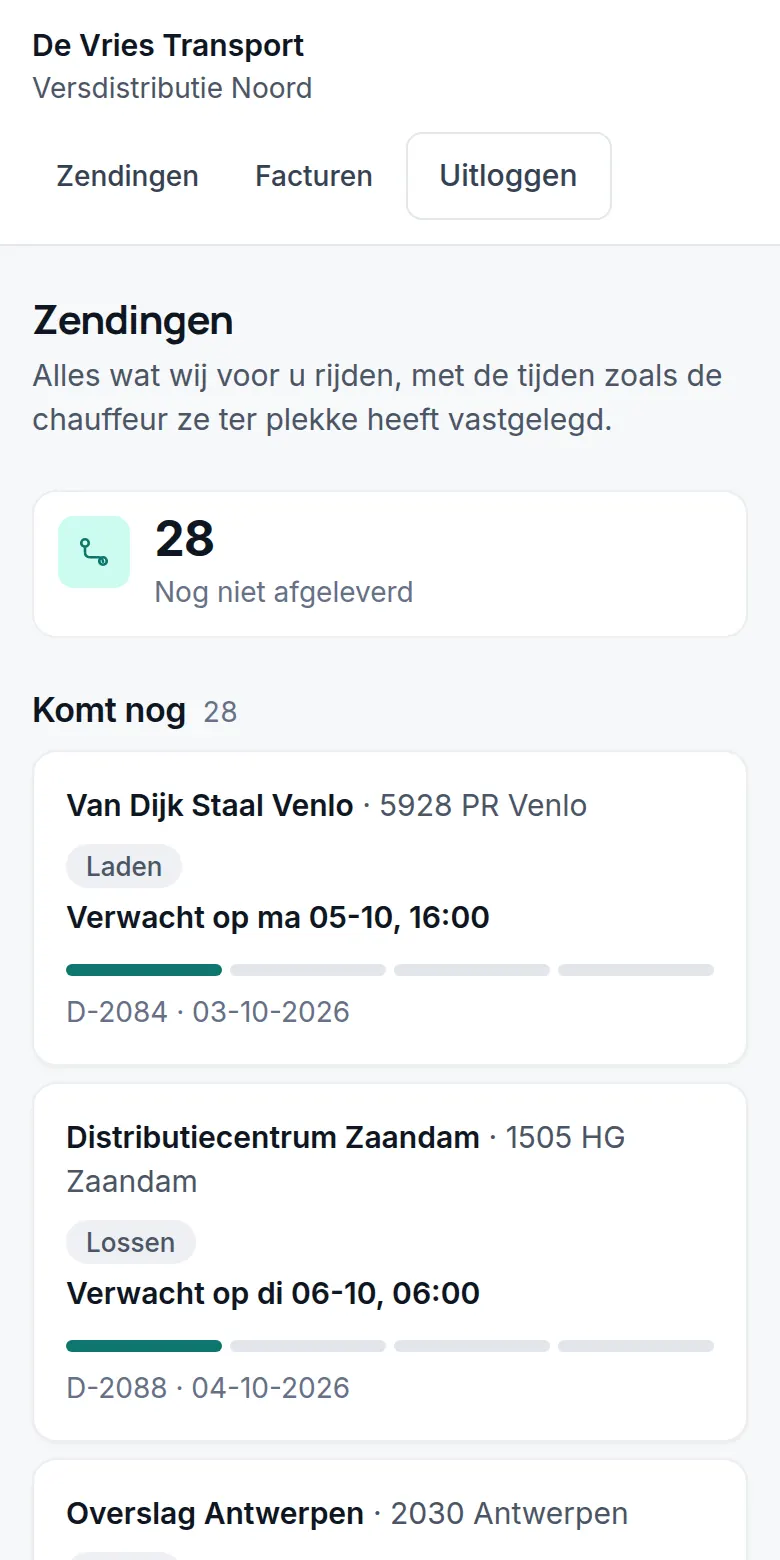 Het klantportaal: 28 zendingen die nog geleverd moeten worden, met de verwachte tijd.