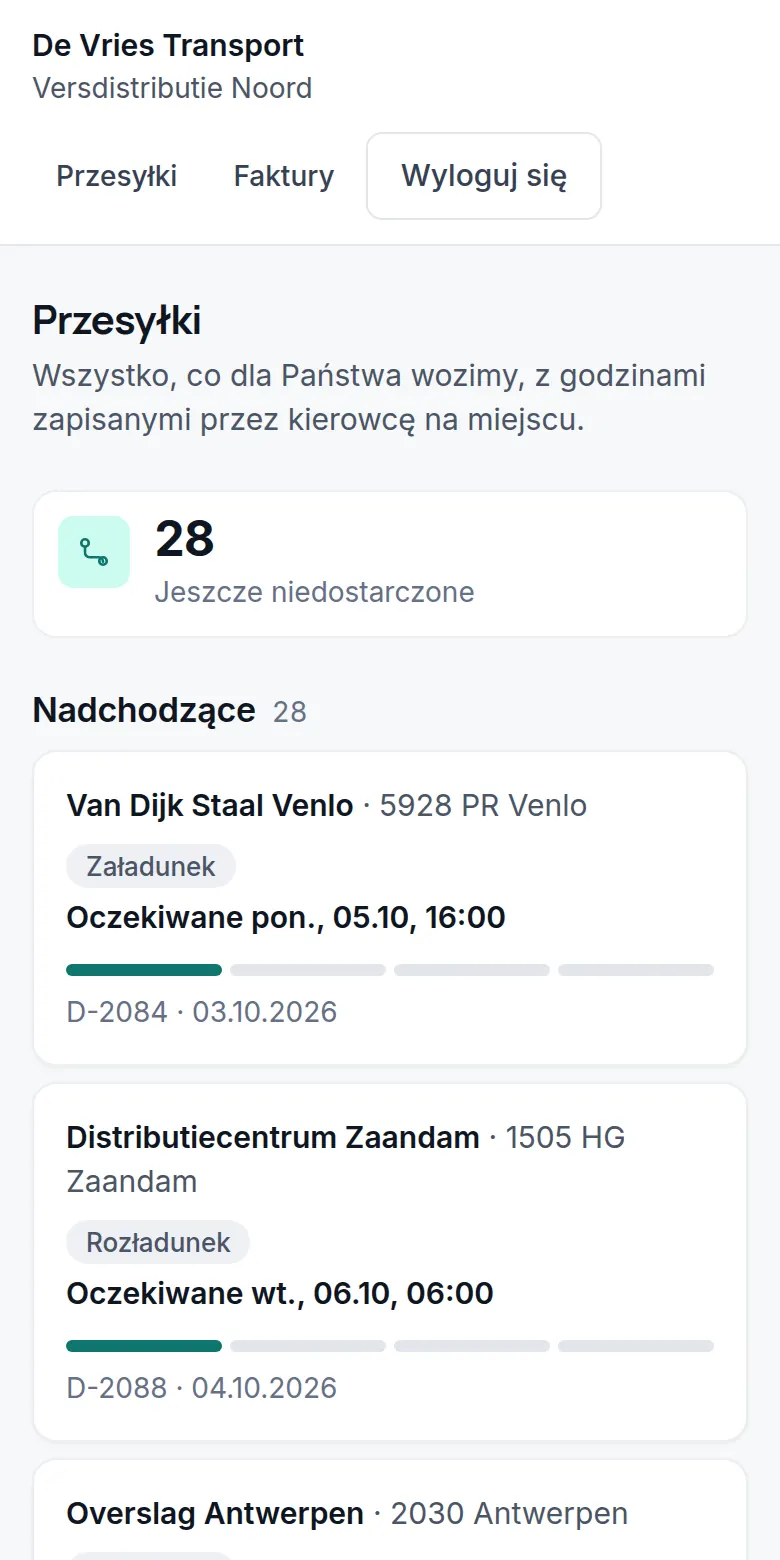 Portal klienta: 28 przesyłek jeszcze do dostarczenia, z przewidywanym czasem.