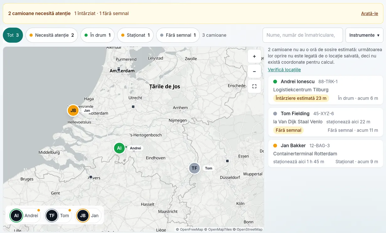 Harta flotei Trajenda: trei camioane ca repere în Țările de Jos. Andrei este pe drum și întârzie, Jan stă de 1 oră și 45 de minute la terminalul de containere din Rotterdam, Tom stă la Van Dijk Staal din Venlo, iar telefonul nu are semnal.