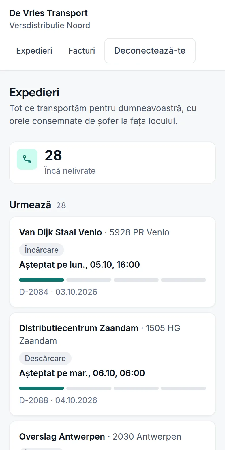 Portalul clientului: 28 de transporturi încă de livrat, cu ora estimată.