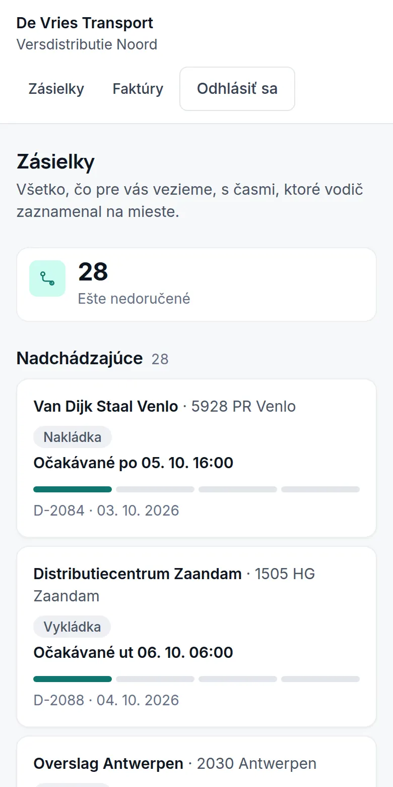 Zákaznícky portál: 28 zásielok, ktoré sa ešte majú doručiť, s očakávaným časom.