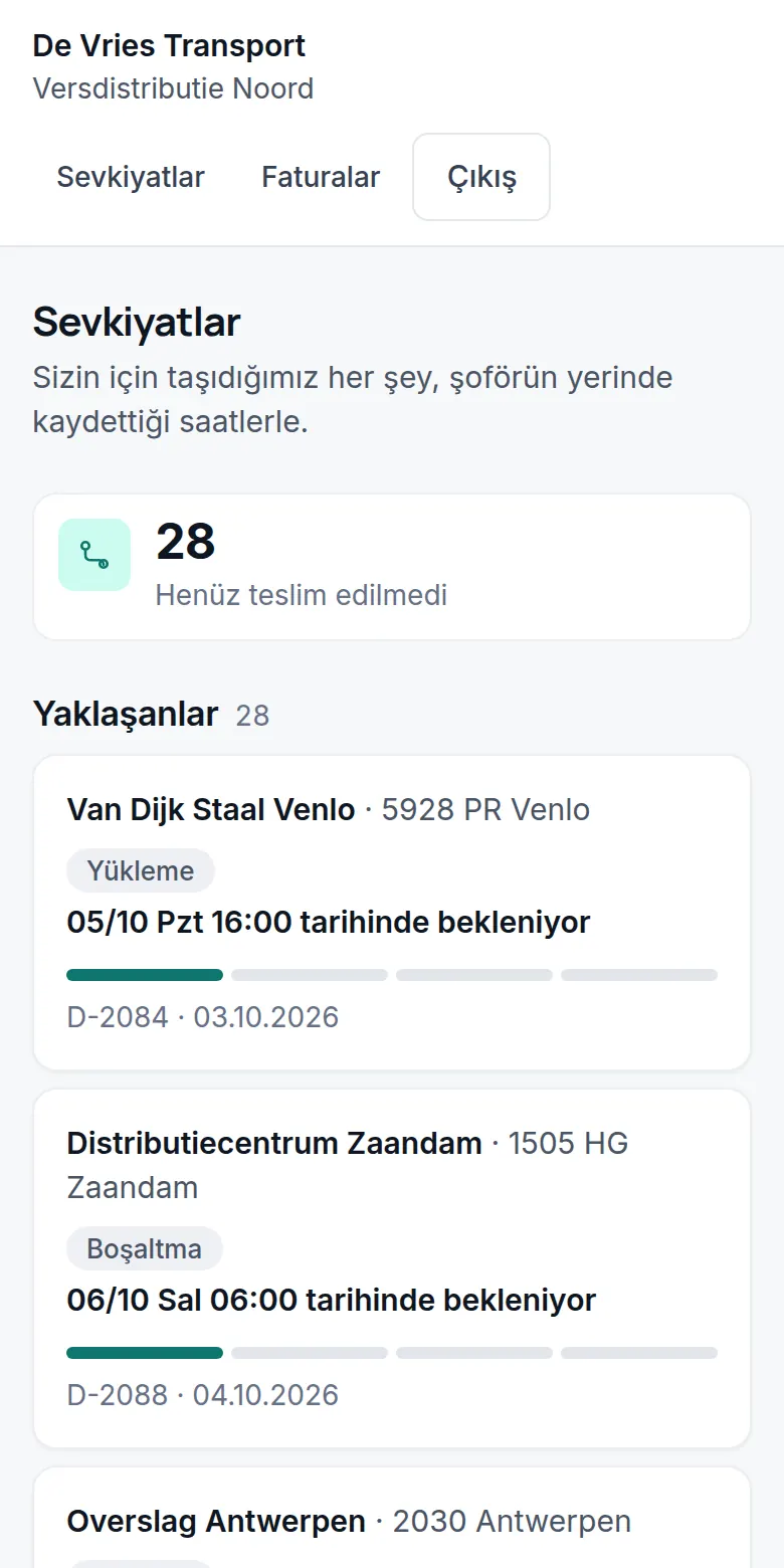 Müşteri portalı: teslim edilmeyi bekleyen 28 sevkiyat, beklenen saatle.