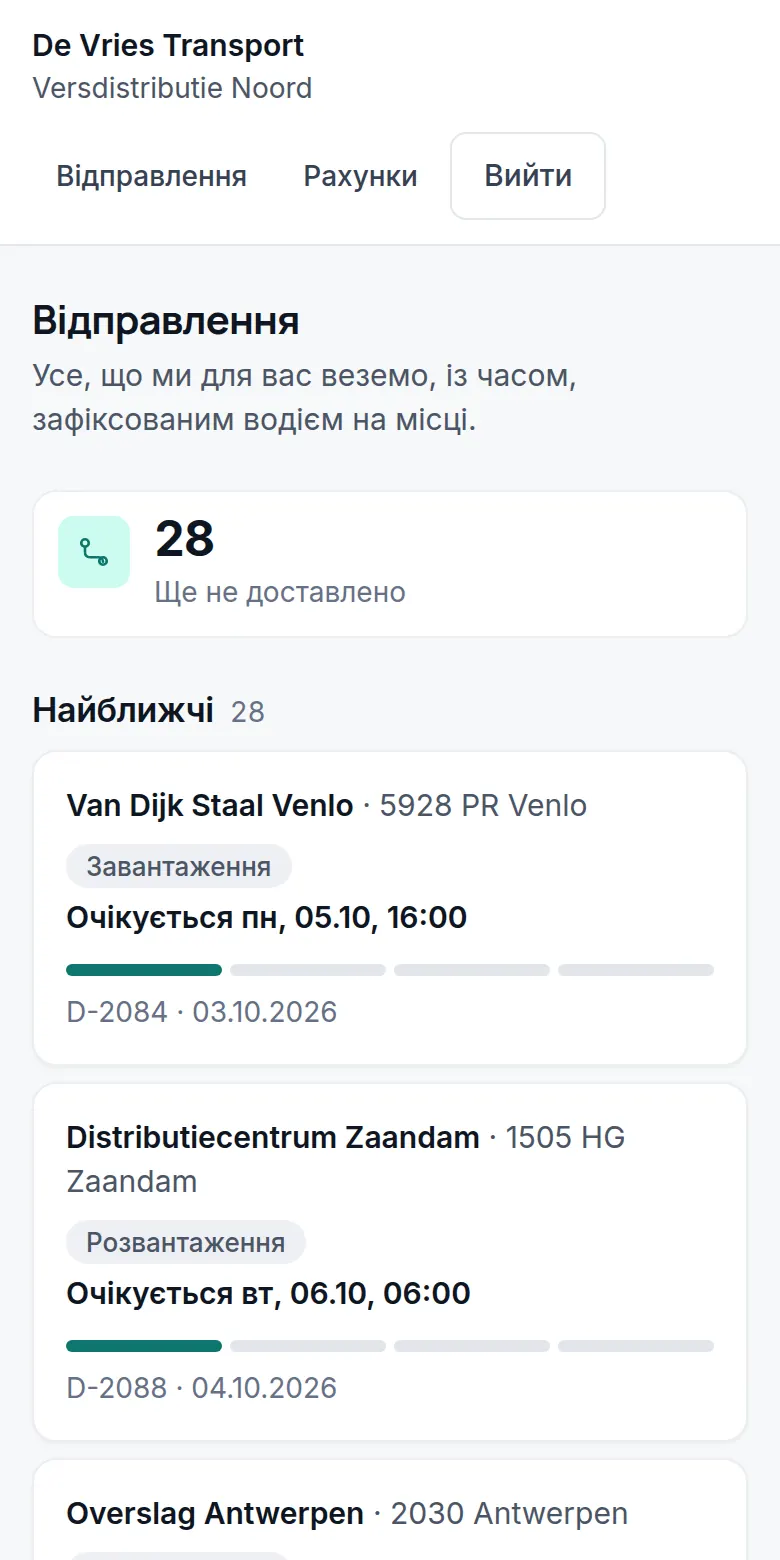 Портал клієнта: 28 відправлень, які ще належить доставити, з очікуваним часом.