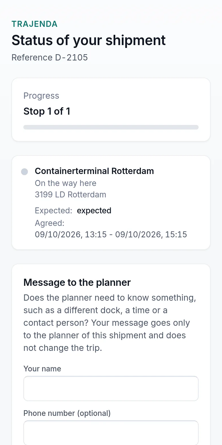 The tracking link a customer receives: progress per stop, the agreed time window, and a message box for the planner.