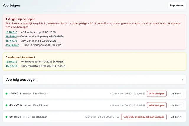 Vehicles: what has expired and what expires soon are shown separately at the top